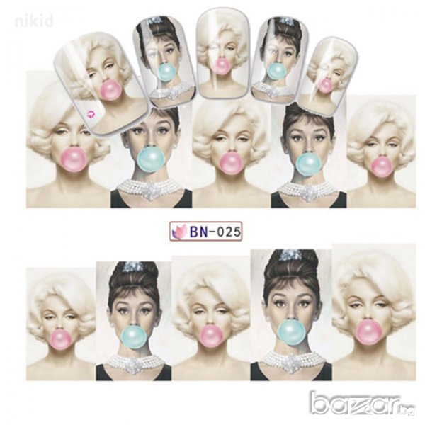 BN-025 Дама с дъвка балон татос слайдер ваденки водни стикери за нокти маникюр, снимка 1