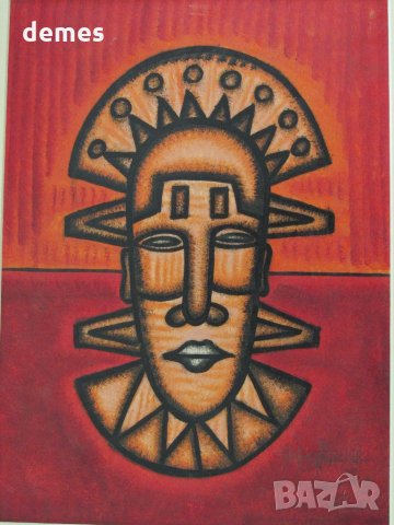  Африканска маска-картина с маслени бои, снимка 3 - Картини - 25769714
