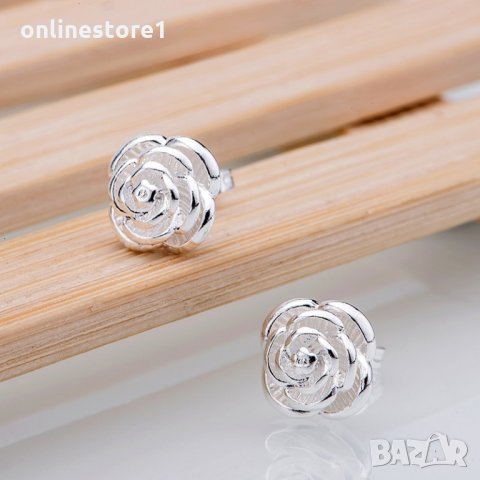 Сребърни обеци роза - 925 сребро BF107, снимка 3 - Обеци - 24255817