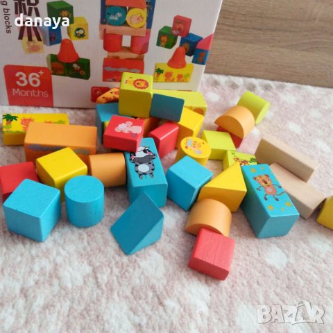 660 Детски многоцветен дървен конструктор 32 части геометрични фигури с картинки, снимка 4 - Рисуване и оцветяване - 23658665