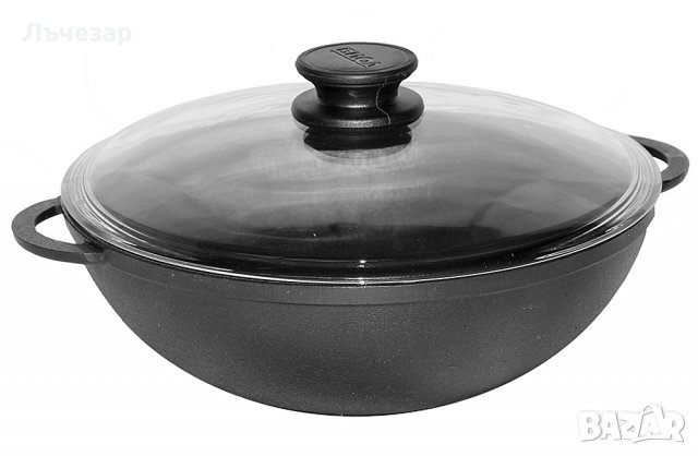 Чугунен WOK тиган (тенджера) със стъклен капак, 3л-5л, снимка 2 - Съдове за готвене - 26001933