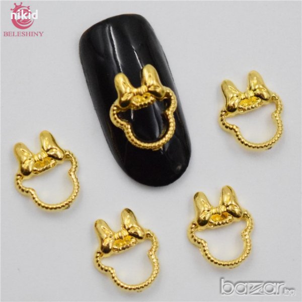 2 бр - мини маус рамка глава бижу за нокти златиста декорация украса за маникюр, снимка 1