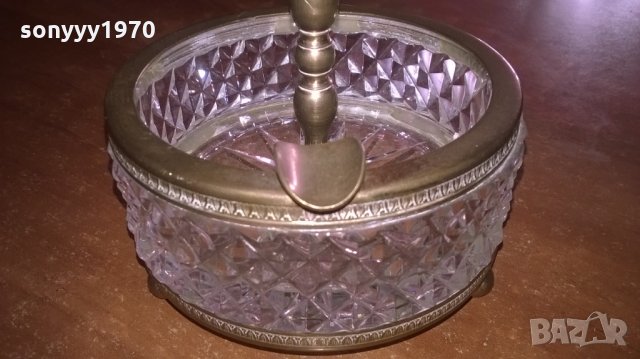АНТИКА кристал и месинг-ретро пепелник за колекция-14х10см--внос франция, снимка 5 - Антикварни и старинни предмети - 23586731