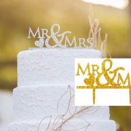 брокатен сребрист златист MR & MRS г-н г-жа надпис за младоженци сватба топер украса табела за торта, снимка 1 - Декорация - 18329996