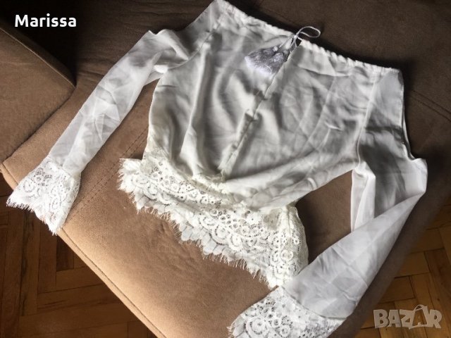 Бяла блуза с дантела и връвки, снимка 3 - Ризи - 24521481