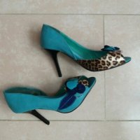 Отворени обувки в цвят тюркоаз с леопардов принт, снимка 2 - Дамски обувки на ток - 20986667