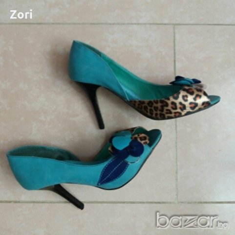 Отворени обувки в цвят тюркоаз с леопардов принт, снимка 2 - Дамски обувки на ток - 20986667