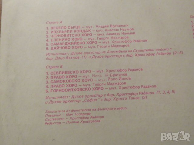 Грамофонна плоча Хора за духов оркестър - изд.70те г. - обичайте и съхранете народната музиката ., снимка 3 - Грамофонни плочи - 23855613