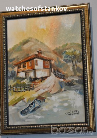 Кирил Иринчев "Къща край езерото" масло върху платно 29/39см, снимка 4 - Картини - 11415339