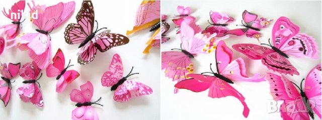 3D 12 бр pvc розови черни магнитни и самозалепващи пеперуди декорация за стена и мебел, снимка 3 - Други - 24240167