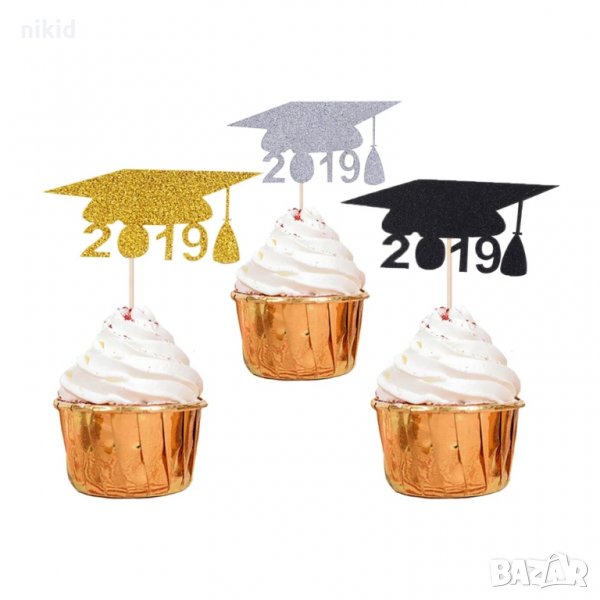 12 бр тога 2019  шапка дипломиране бал завършване брокатени топер клечки 3 цвята мъфини кексчета, снимка 1