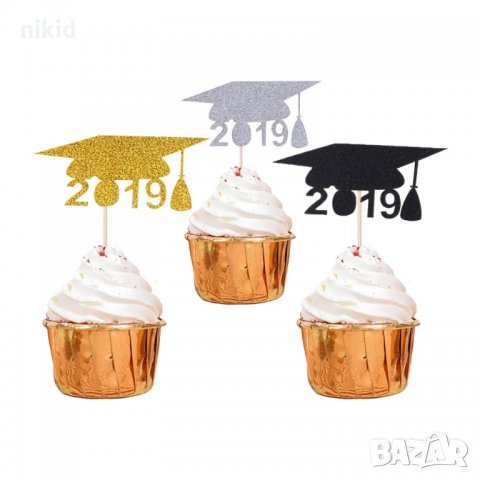 12 бр тога 2019  шапка дипломиране бал завършване брокатени топер клечки 3 цвята мъфини кексчета, снимка 1 - Други - 25114072