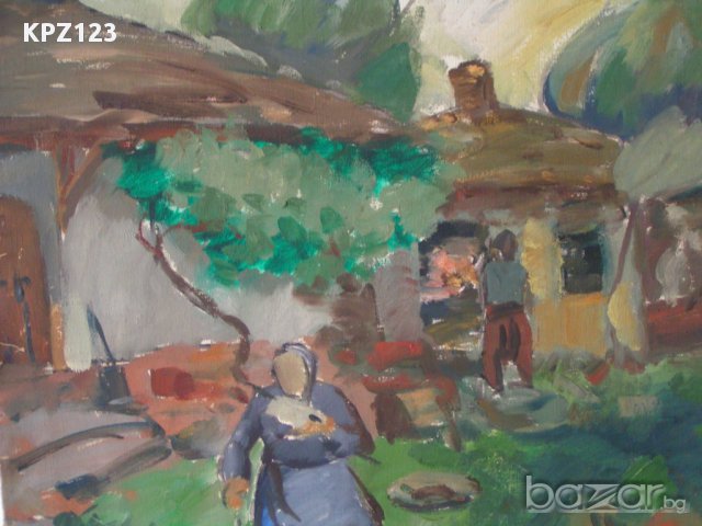 Стара Картина Селски пейзаж( маслени бои, платно) /М.Минков, снимка 5 - Картини - 12695191