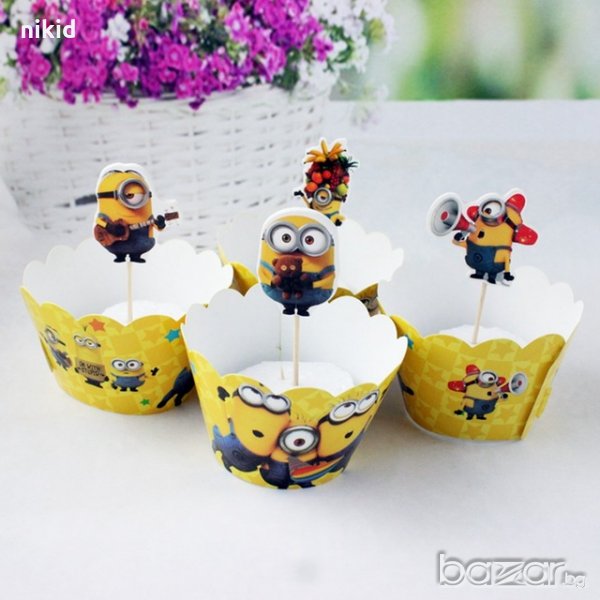 12 бр топера Миньоните Minions жълти топери и кошнички украса декорация мъфини кексчета торта парти, снимка 1