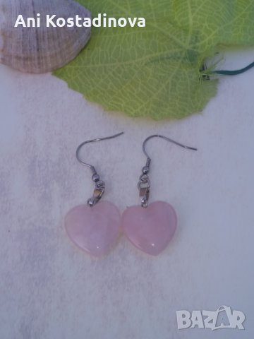 Обеци стомана със сърце розов кварц, снимка 2 - Обеци - 23266348