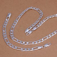Комплект посребрен сребърен ланец и гривна плетка картие бижу верига мода синджир бижутерия 12 мм, снимка 1 - Бижутерийни комплекти - 23187564