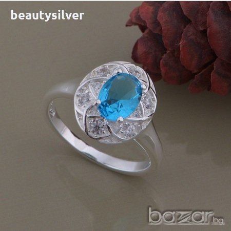 Сребърни обеци и пръстен със зелен или син Цирконий, код 0519, снимка 6 - Бижутерийни комплекти - 11006143