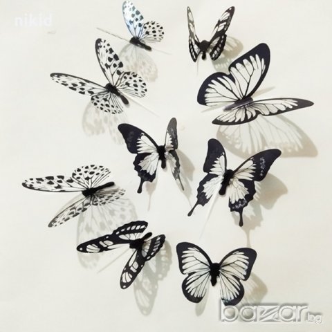 3D 12 бр pvc Черно бели самозалепващи пеперуди декорация за стена и мебел, снимка 2 - Декорация за дома - 21168736