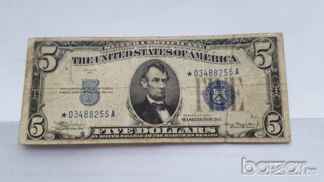 Rare $ 5 DOLLARS STAR NOTE 1934 SILVER CERTIFICATE, снимка 3 - Нумизматика и бонистика - 19417298