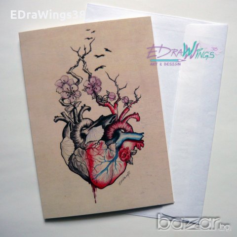 Картичка "Сърце" /отпечатана от авторска илюстрация/, снимка 3 - Романтични подаръци - 20950502