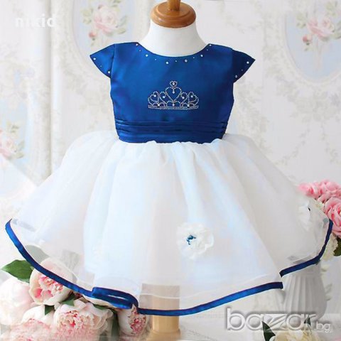  детска рокля за принцеса с корона в синьо - бял цвят туту с камъчета, снимка 3 - Детски рокли и поли - 17127691