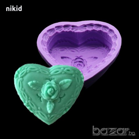 Роза 3 листа голямо сърце калъп силиконов молд форма тесто фондан сапун гипс шоколад мъфини