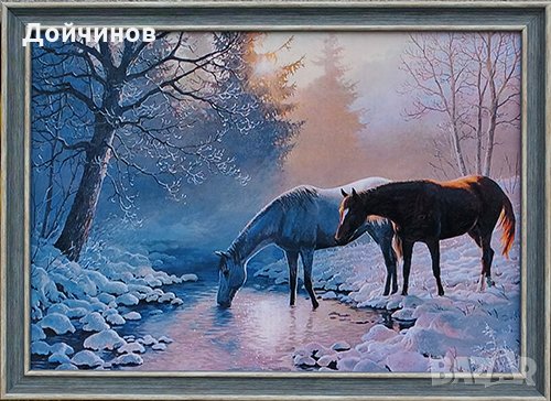 Зимен пейзаж с коне, картина 