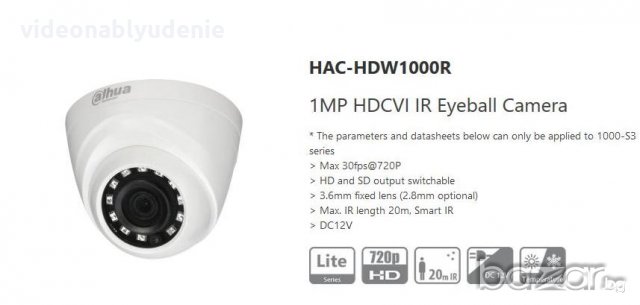 Широкоъгълна 2.8мм Dahua HDCVI Куполна Охранителна Камера. Модел: DH-HAC-HDW1000RP-0280B-S2, снимка 2 - Камери - 14212500
