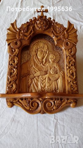Дърворезба-домашен иконостас с резбована икона "Богородица с младенеца", снимка 2 - Икони - 21948586