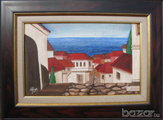 "Морски къщи", маслена картина, Стен Леон, Отличие за стил на галерия Sala Dalmau, Барселона, Исп., снимка 2 - Антикварни и старинни предмети - 13159499