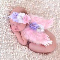 Розово с шарена лента ангелски крила криле и лента цветя за глава за бебе фотосесия фото