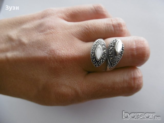 Сребърен дамски пръстен със седеф и марказити - сребро проба 925, снимка 3 - Пръстени - 15869459