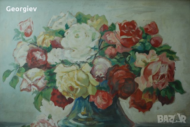 Стара картина,ваза с цветя, български автор, 1950-те год., снимка 3 - Вази - 22823989