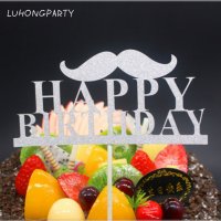 Happy Birthday честит Рожден ден ЧРД с мустак сребрист брокат мек топер с клечка за торта с надпис, снимка 1 - Други - 20757612