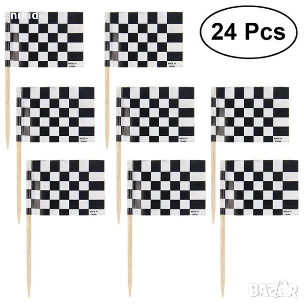 24 бр черно бели рали флагчета знаменца топер топери клечки декорация за сладки мъфини парти, снимка 1