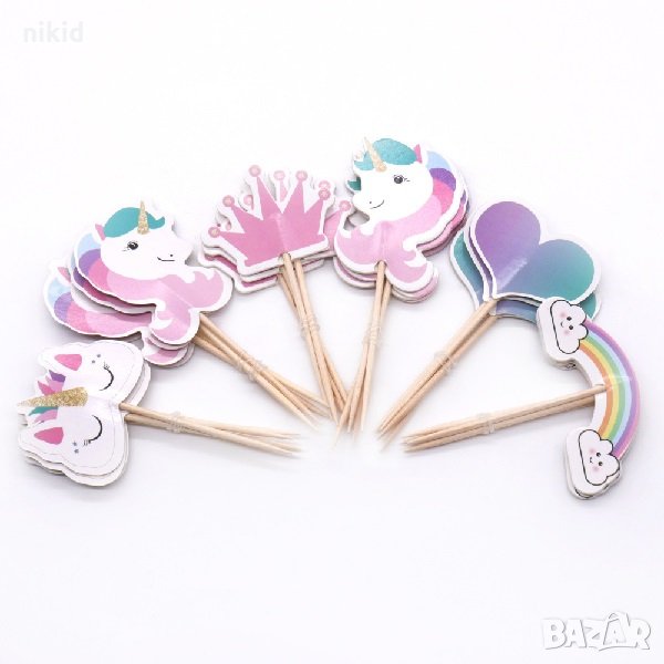 24 бр Еднорог Корона дъга сърце топер топери клечки декорация за сладки мъфини парти, снимка 1