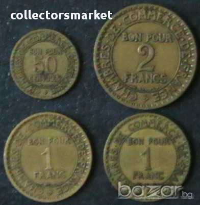 лот 4 монети от 50 сантима, 1 и 2 франка 1921-1925, Франция, снимка 1