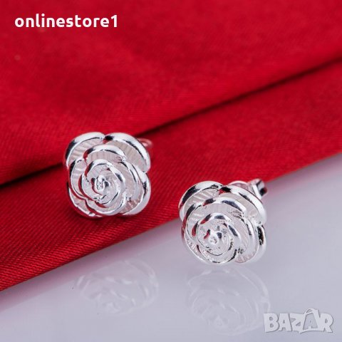Сребърни обеци роза - 925 сребро BF107, снимка 1 - Обеци - 24255817