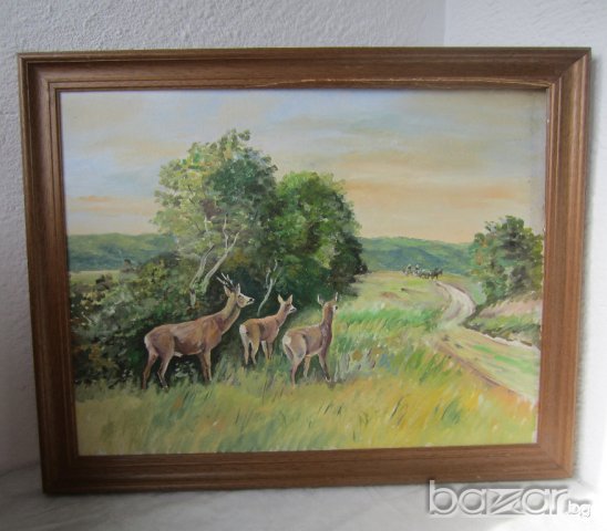 Голяма картина, маслени бои, пейзаж, елени сърни, за механа - хижа, снимка 1 - Картини - 19416326