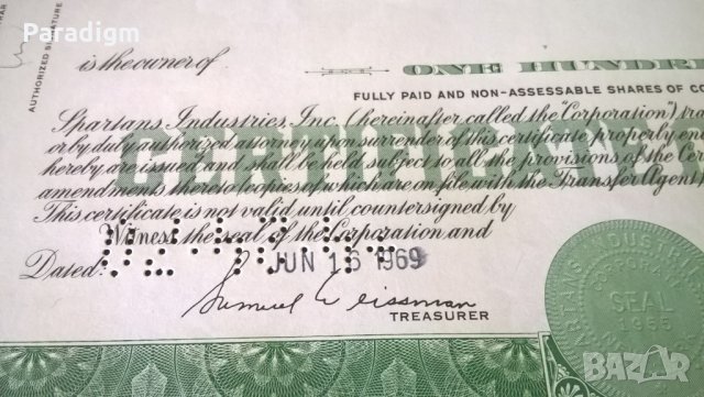 Сертификат за 100 акции (САЩ) | Spartans Industries, INC. | 1969г., снимка 3 - Нумизматика и бонистика - 25233300