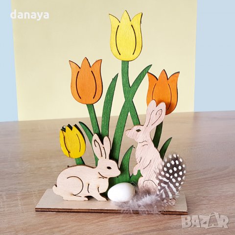 Великденски зайчета в градинка дървена украса декорация за Великден, снимка 3 - Декорация за дома - 24731716