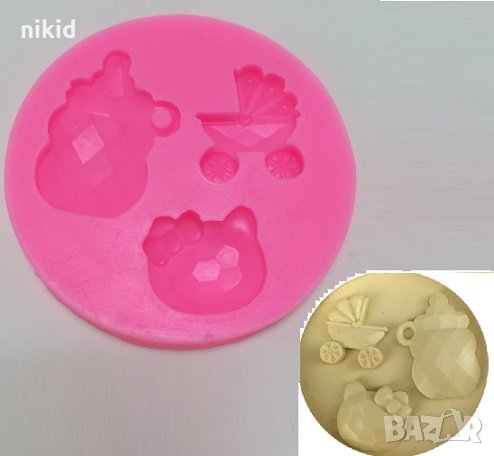 Диамантен релеф бебешка количка бутилка и Коте Кити силиконов молд форма украса фондан торта декор 