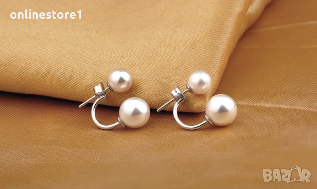 Сребърни обеци - двойна перла - 925 сребро печат BF118, снимка 4 - Обеци - 24763853