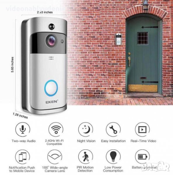 HD 1MP Умен Видеодомофон Звънец Интерком Смартфон Контрол Wi-Fi Връзка Сензор Детекция Движение 160°, снимка 1