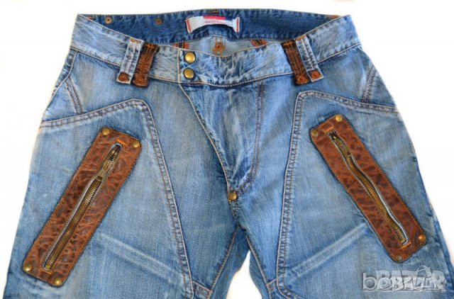 Bray Steve Alan Denim Einstein мъжки сини дънки с кожени орнаменти 100% памук, снимка 3 - Дънки - 23461014