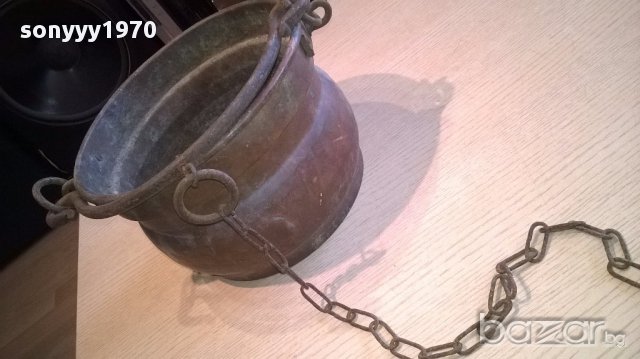 Медно котле с дръжка и синджир 30/18см-внос швеицария, снимка 3 - Антикварни и старинни предмети - 14517617