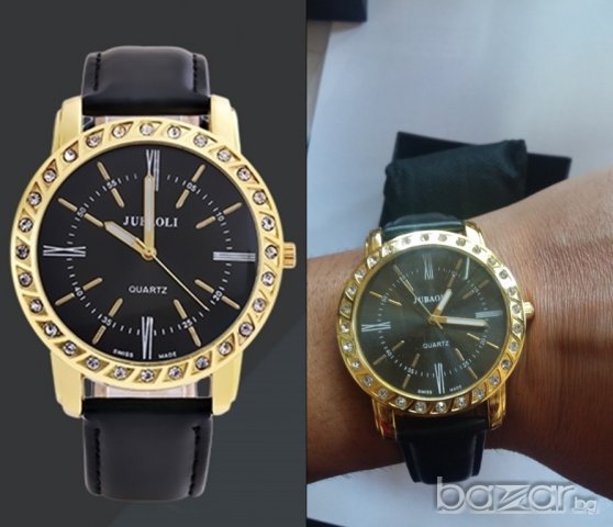 Елегантен кварцов часовник JUBAOLI с черна кожена каишка 