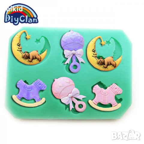 Сладък сън луна с мече дрънкалка конче бебешки силиконов молд форма украса торта фондан шоколад и др