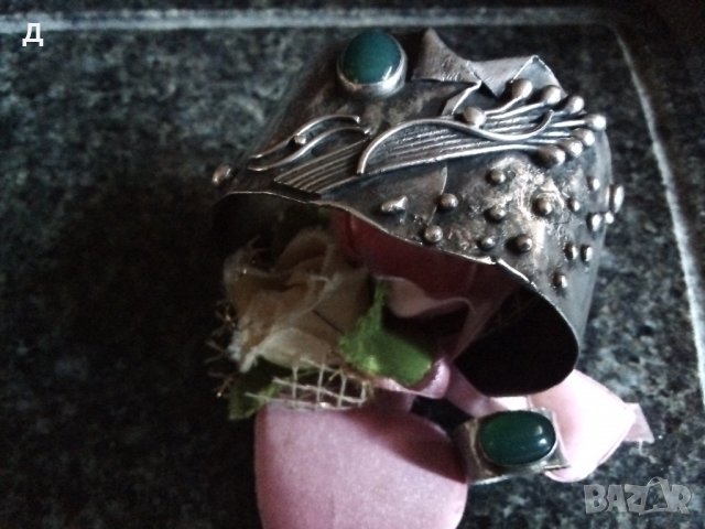  Авторска!Старинна масивна сребърна  дизайнерска гривна с естествен камък, снимка 6 - Гривни - 23349504