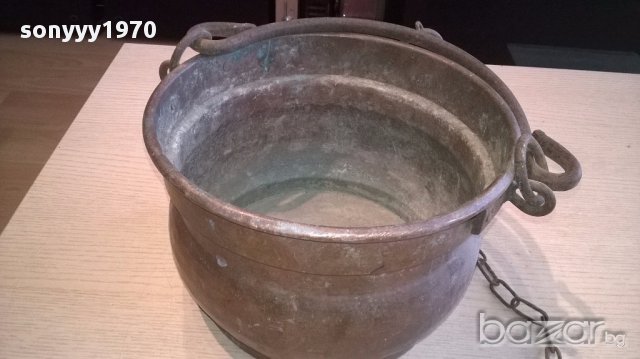Медно котле с дръжка и синджир 30/18см-внос швеицария, снимка 4 - Антикварни и старинни предмети - 14517617